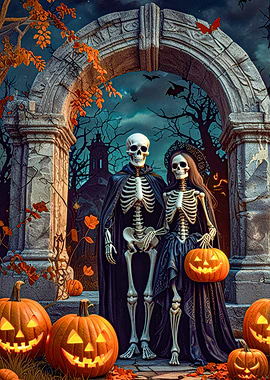 Halloween Skeletons Couple with Pumpkins