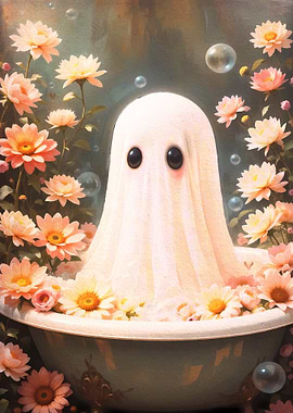 Vintage Painting of a Ghost in Floral Bathtub