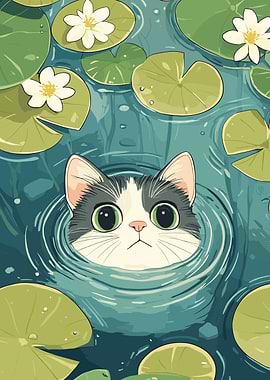 Cat in Pond with Lily Pads