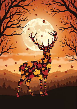 Autumn Deer Silhouette with Moon
