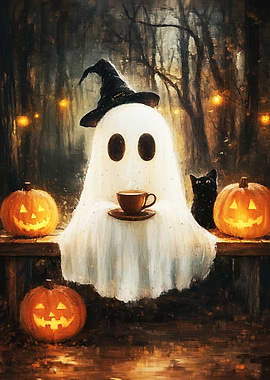 Halloween Ghost with Tea and Pumpkins