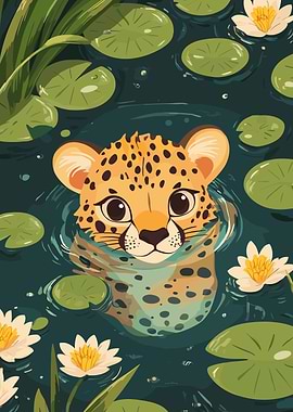 Cute Cheetah Cub in Pond Illustration