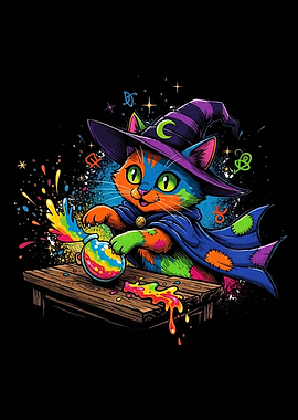 Colorful Cat Wizard with Potion