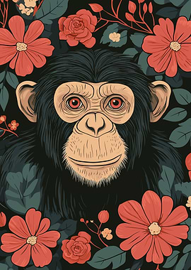 Chimpanzee Portrait with Floral Background