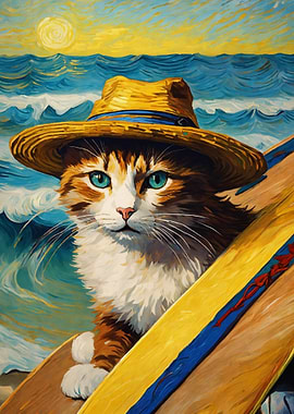 Cat Surfer with Hat Painting
