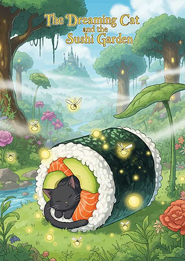 Dreaming Cat in Sushi Garden Illustration