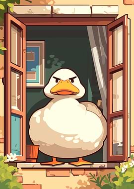 Grumpy Duck in Window Cartoon Illustration