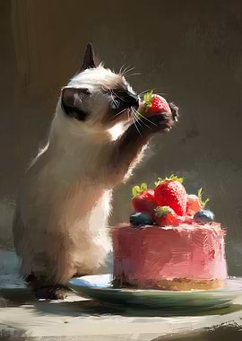 Siamese Cat with Strawberry Cake Painting