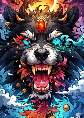Stylized Wolf Portrait with Gemstone Adornment