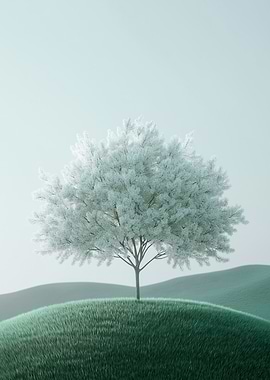 A minimalist tree with glowing white leaves