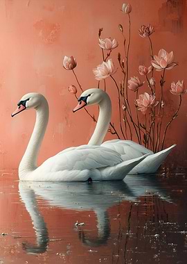 Two Swans in Water with Flowers