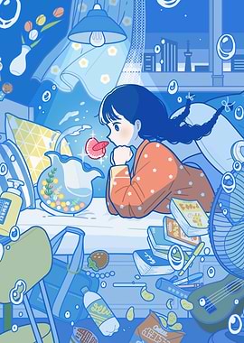 Girl Gazing at Fish in Room