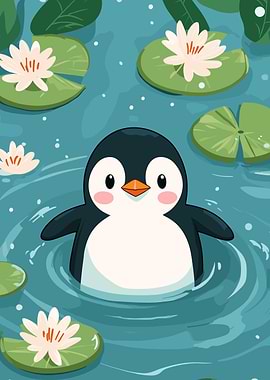 Cute Penguin in Lily Pond Illustration
