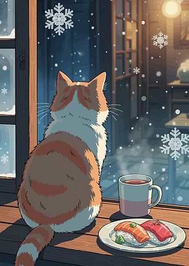 Cozy Winter Scene with Cat and Sushi