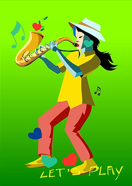 Saxophone Player with Hearts and Music Notes