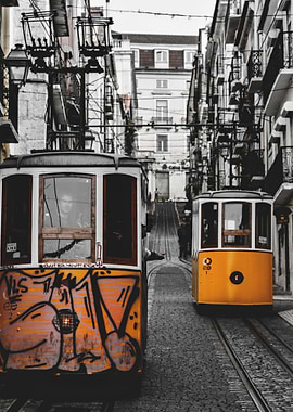 Lisbon Trams on a Cobblestone Street