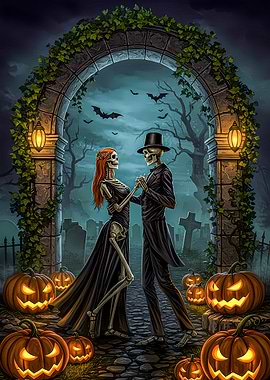 Skeletal Couple Dancing in Halloween Graveyard