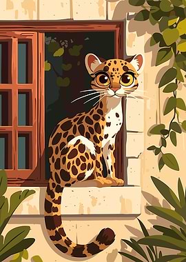 Cartoon Leopard on Window Sill