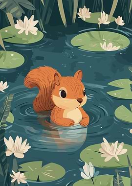 Squirrel in a Lily Pond Illustration