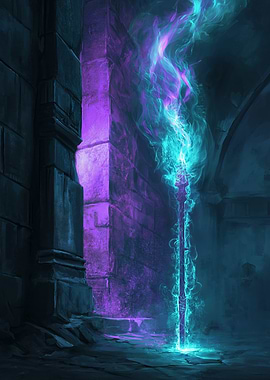 A glowing magical staff with a glowing neon purple light
