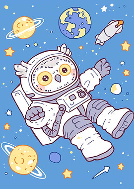 Astronaut Owl in Space Cartoon