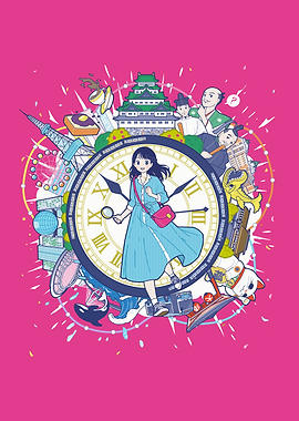 Anime Girl with Clock and Landmarks