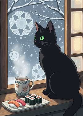 Black cat watching snow with sushi
