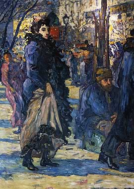 Impressionistic Cityscape with Woman and Dog