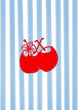Red Coconuts with Hibiscus on Blue Stripes