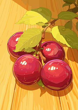 Cherries on Wooden Table Illustration