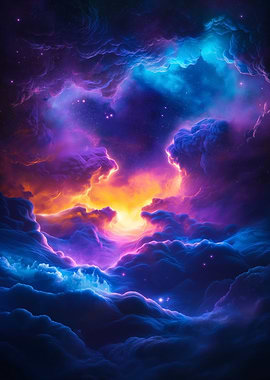 A surreal cosmic landscape with a glowing storm