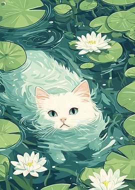 Cat in Lily Pond Illustration