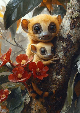 Two Cute Golden Bamboo Lemurs Portrait
