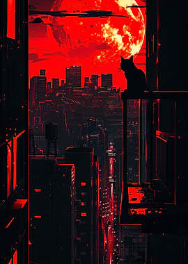 Red Moon Cityscape with Cat Silhouette