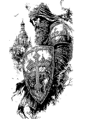 Medieval Warrior with Shield and Church