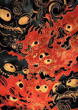 Japanese Demon Mask and Fire Illustration