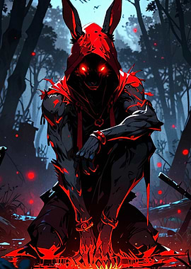 Red Hooded Rabbit Warrior in Forest