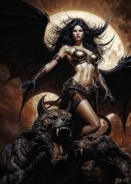 Storm Bride Demon Lilith with Wolves under Moonlight