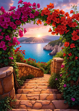 Coastal Stairway with Floral Archway