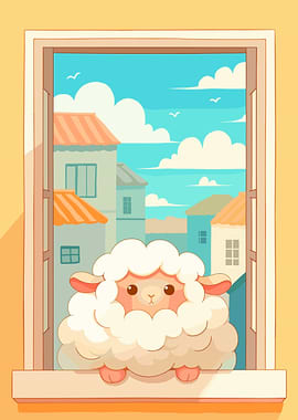 Sheep Looking Out Window Illustration