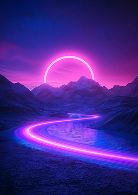 A glowing neon road leading to a cosmic ring