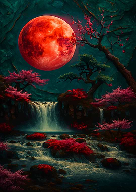 Red Moon Over Waterfall Landscape