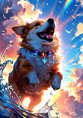 Joyful Corgi in Water with Rainbow