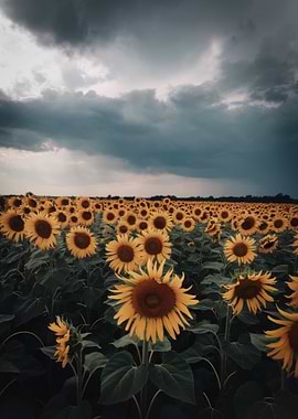 Sunflower field under a stormy sky