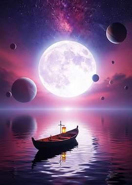 Boat on Water with a Moon and Planets