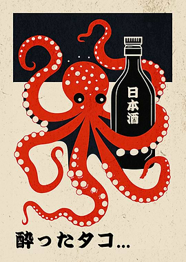 Drunken Octopus with Sake Bottle Art