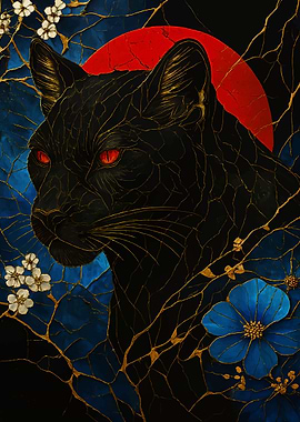 Panther with Red Moon Kintsugi