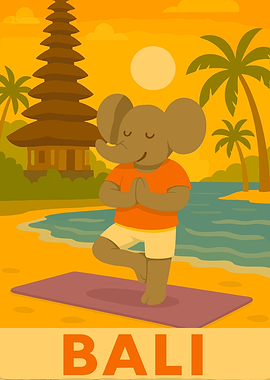 Elephant Yoga in Bali Cartoon