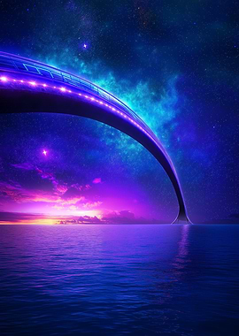 A futuristic glowing bridge over an alien sea