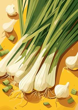 Fresh Green Onions and Garlic Still Life
